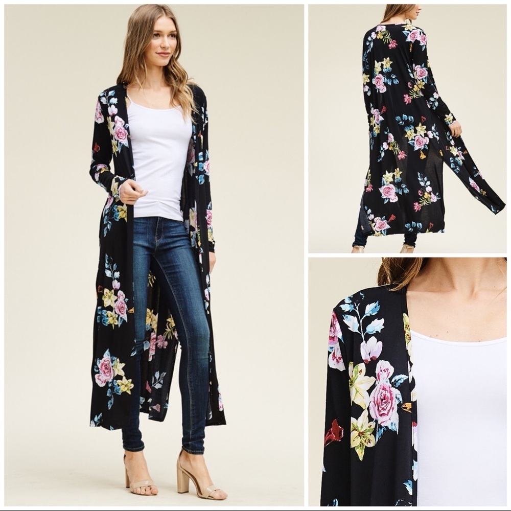 NWT annabelle boutique Long duster black floral boho chic sz L